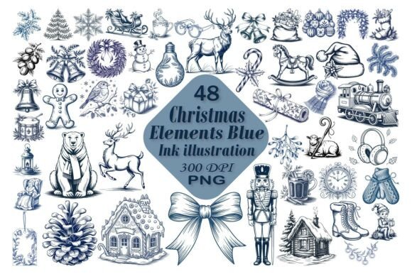 Blue Ink Christmas Elements Clipart: Vintage Holiday Charm