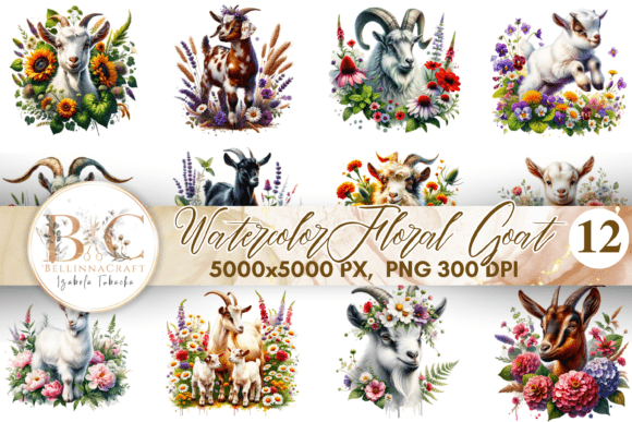 Charming Watercolor Floral Goat Clipart Bundle