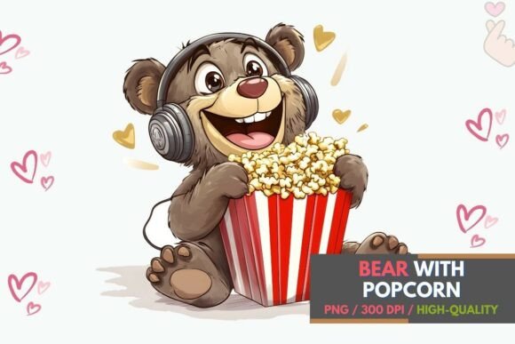Cute Bear with Popcorn PNG Clipart: A Cozy Design Essential