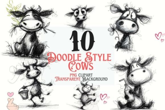 Doodle Cow PNG Bundle: Farmhouse Charm for Sublimation & Crafts