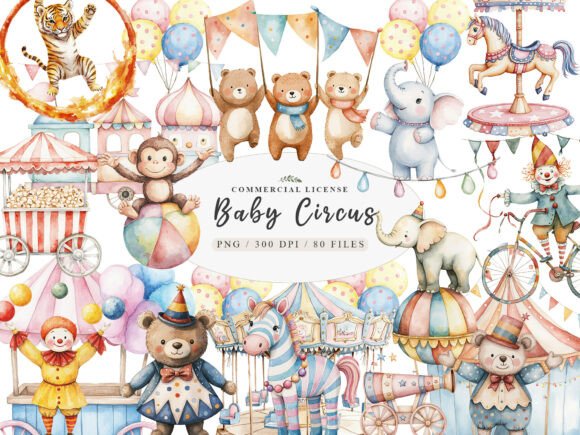 Enchanting Watercolor Baby Circus Animals for Creative Projects
