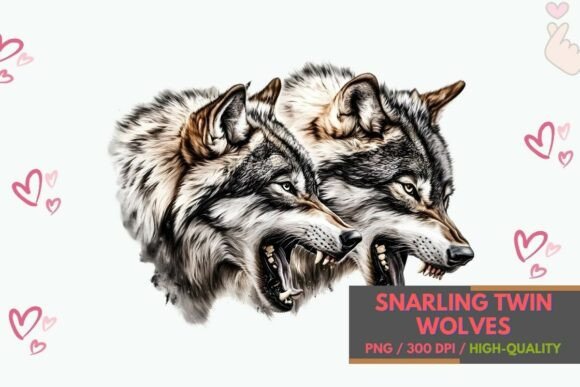 Snarling Twin Wolves Illustration PNG: Raw Power for Your Brand