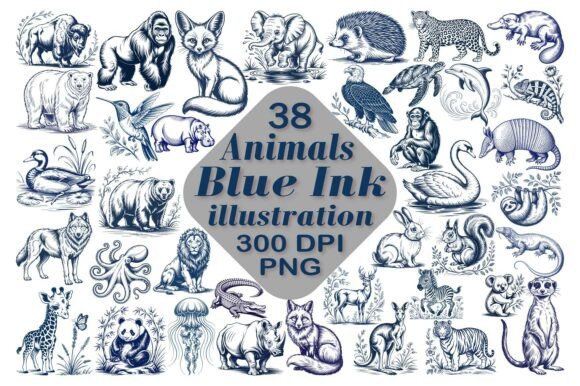 Timeless Wildlife Artistry: The Blue Ink Animal Illustration Bundle