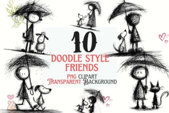 Whimsical Charm for Rainy Day Projects: Doodle Animals Under Umbrella Clipart