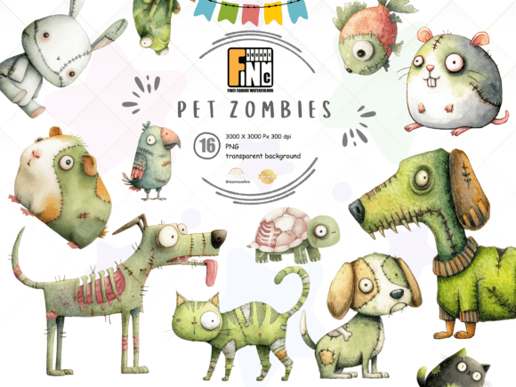 Zombie Pets Clipart PNG: Cute Halloween Design Assets